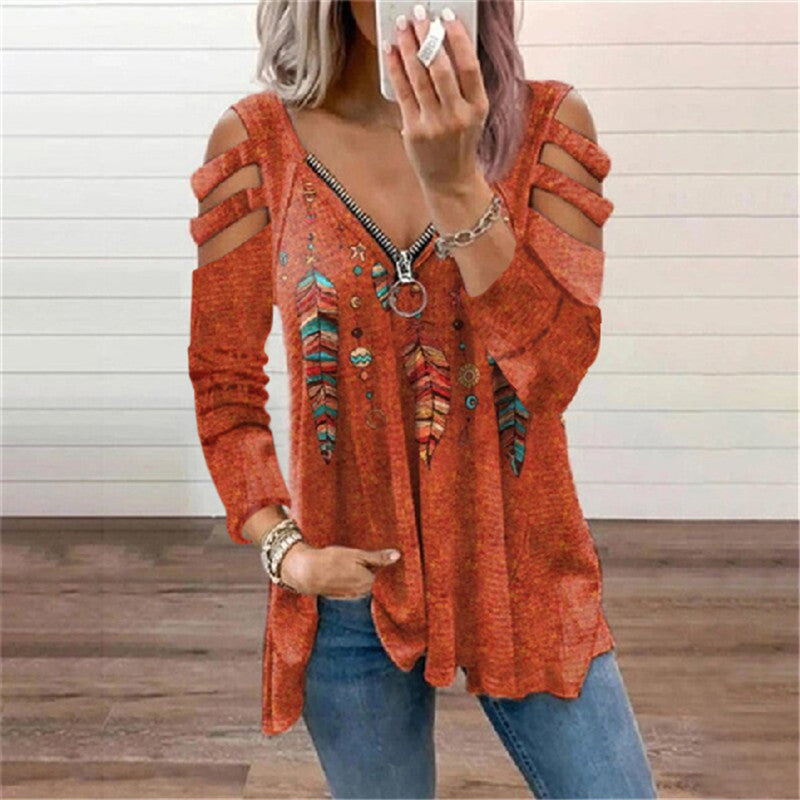 Sexy V Neck Off Shoulder Print Tops Zip Long Sleeve Loose Womens T Shirts Wholesale