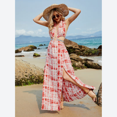 Backless Halter Off Shoulder Printed Wholesale Maxi Dresses Slit Design