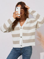 V-Neck Colorblock Long-Sleeve Striped Sweater Wholesale Cardigan