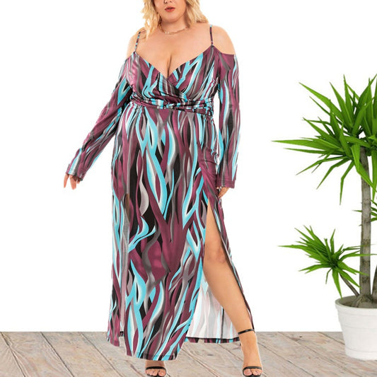 Sexy Deep V Sling Midi Dress High Waist Print Swing Slit Dresses Wholesale Plus Size Clothing