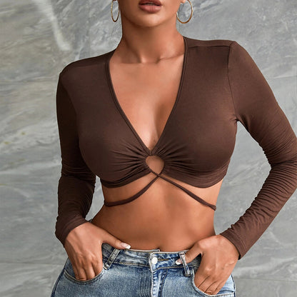 Plain Deep V Neck Long Sleeve Hollow Wholesale Crop Tops