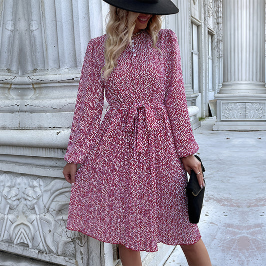 Printed Long Sleeve Lace-Up Pleated Dress Wholesale Dresses