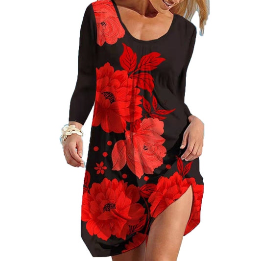 Floral Print Long Sleeve Round Neck Wholesale Casual Dresses