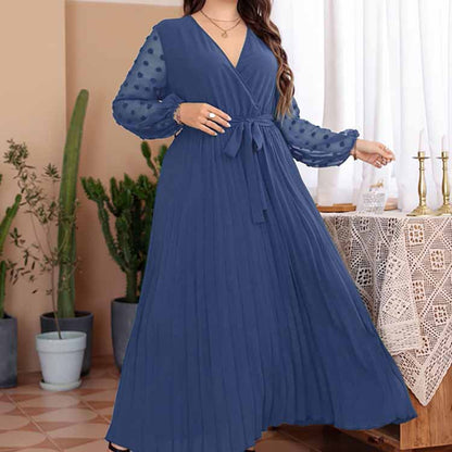 Solid Color Jacquard Curvy Pleated Dresses Wholesale Plus Size Clothing