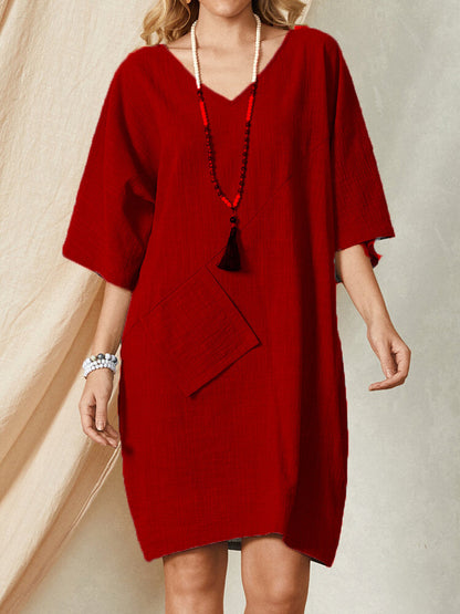 Cotton & Linen Solid Color T Shirt Dress Wholesale Casual Dresses With Pockets