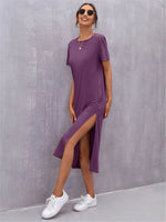 Solid Color Soft Short Sleeve Crew Neck Slit Midi Dresses Casual T Shirt Dress Wholesale