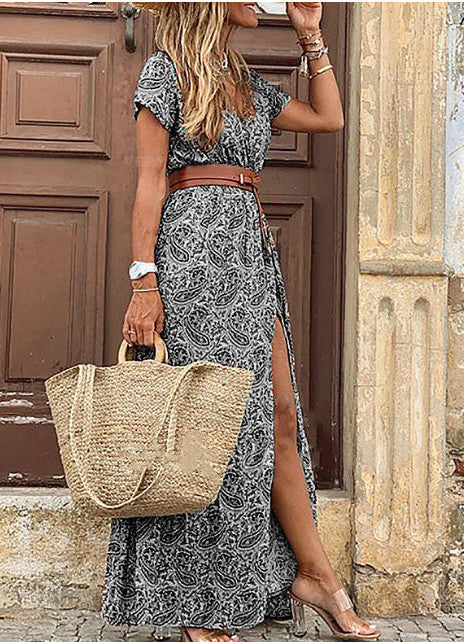 Fashion V-Neck Print Short Sleeve Vacation Slit Maxi Dresses Wholesale Bohemian Dress For Women With Belt