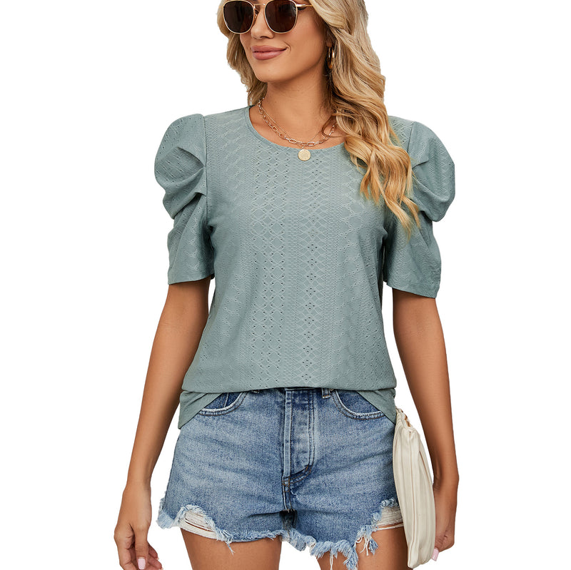 Solid Color Round Neck Pleated Loose T-Shirt Wholesale Womens Tops