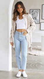 Plaid Loose Lapel Long Shirt Casual Coat Wholesale Womens Tops