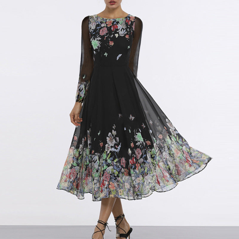 Fashion See-Through Long-Sleeve Floral Swing Dress Wholesale Dresses