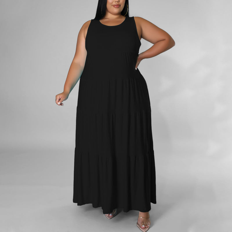 Sleeveless O Neck Smocked Curvy Maxi Dresses Wholesale Plus Size Clothing