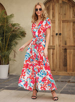 Short Sleeve V Neck Floral Print Tie-Up Waist High Slit Resort Dress Wholesale Maxi Dresses