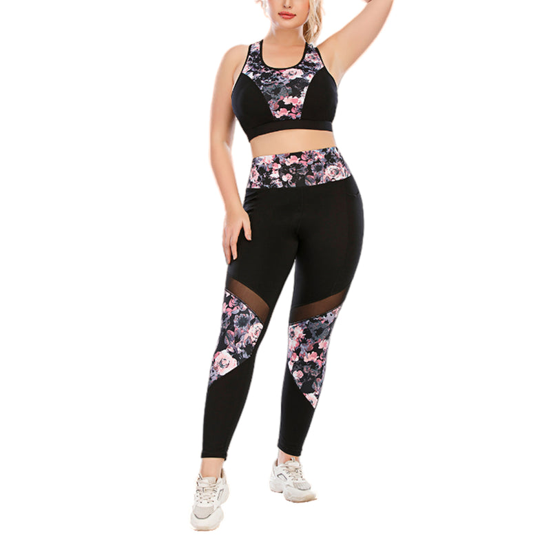 Sport Bra & Mesh Leggings Floral Print Curve Fitness Yoga Suits Activewears Plus Size Two Piece Sets Wholesale