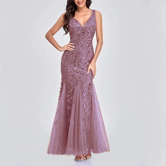 V-Neck Sexy Leaf Embroidered Sequins Slim Fishtail Prom Evening Dress Wholesale Maxi Dresses