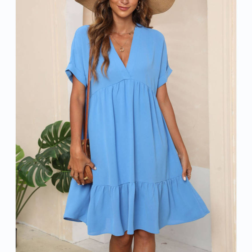 V-Neck Short Sleeve Midi Casual Ruffled Dress Wholesale Dresses