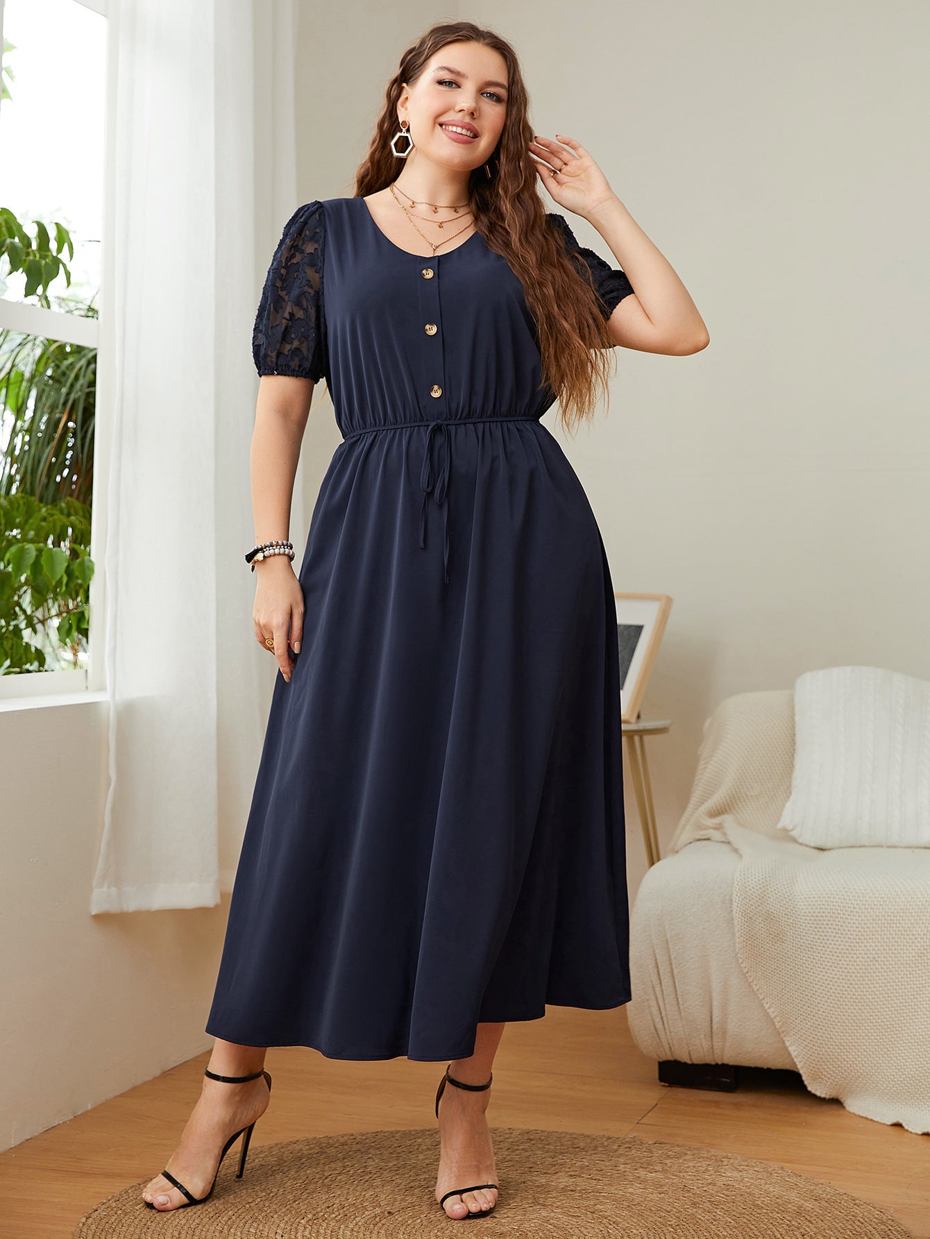 Casual Lace Sleeve Women Curvy Dresses Wholesale Plus Size Clothing