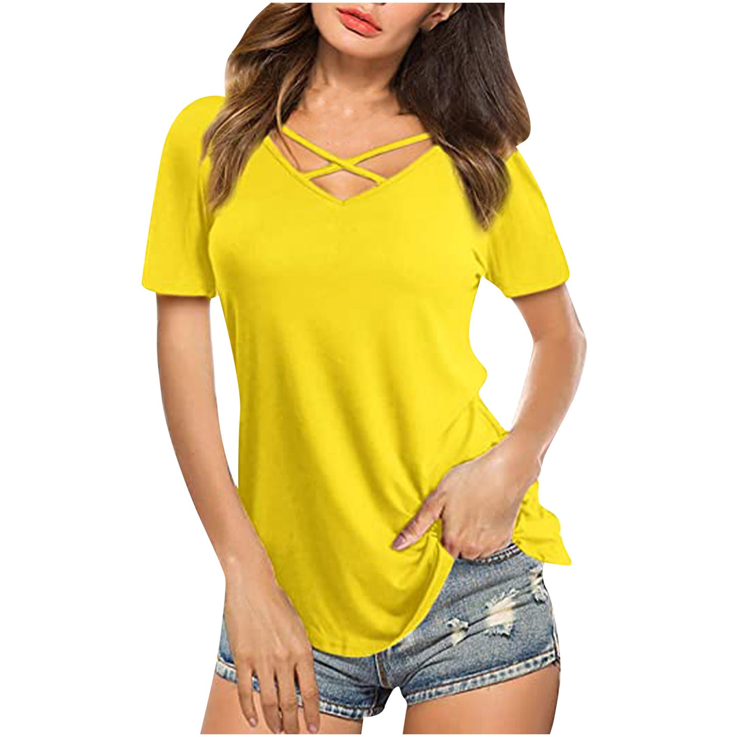 Solid Color Crossover V-Neck Short Sleeve Loose Wholesale T Shirt Casual Women'S Tops