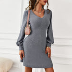 Sexy V-Neck Knit Jacquard Bodycon Dress Long Sleeve Solid Color Mini Wholesale Dresses