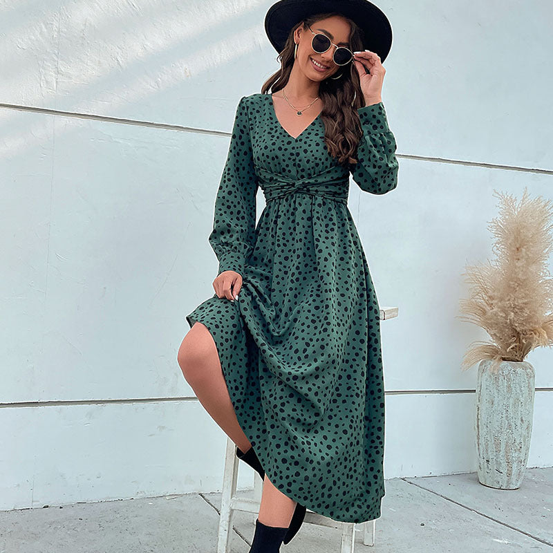 Long Sleeve V-Neck Polka Dot Ruched Dress Wholesale Dresses