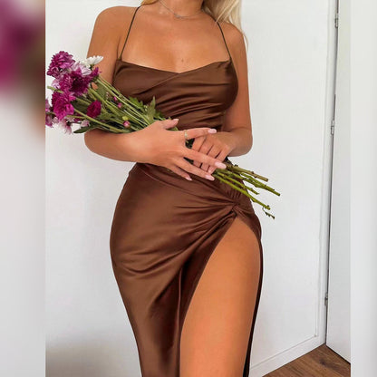 Sling Sexy Pleated Slim Solid Color Side Slit Strap Dress Wholesale Dresses