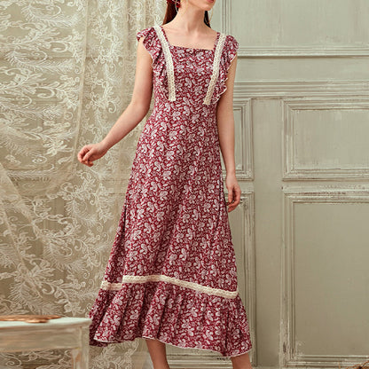 Printed Sleeveless Square Neck Casual Pastoral Style Ruffled Dress Wholesale Dresses