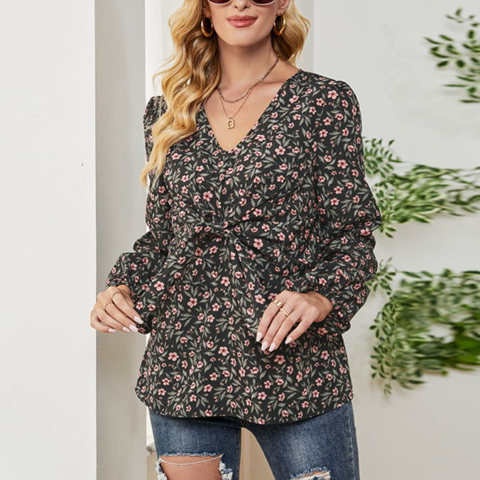 Lace-Up Lantern Sleeve Floral Blouse Chiffon Shirts Wholesale Tunic Tops