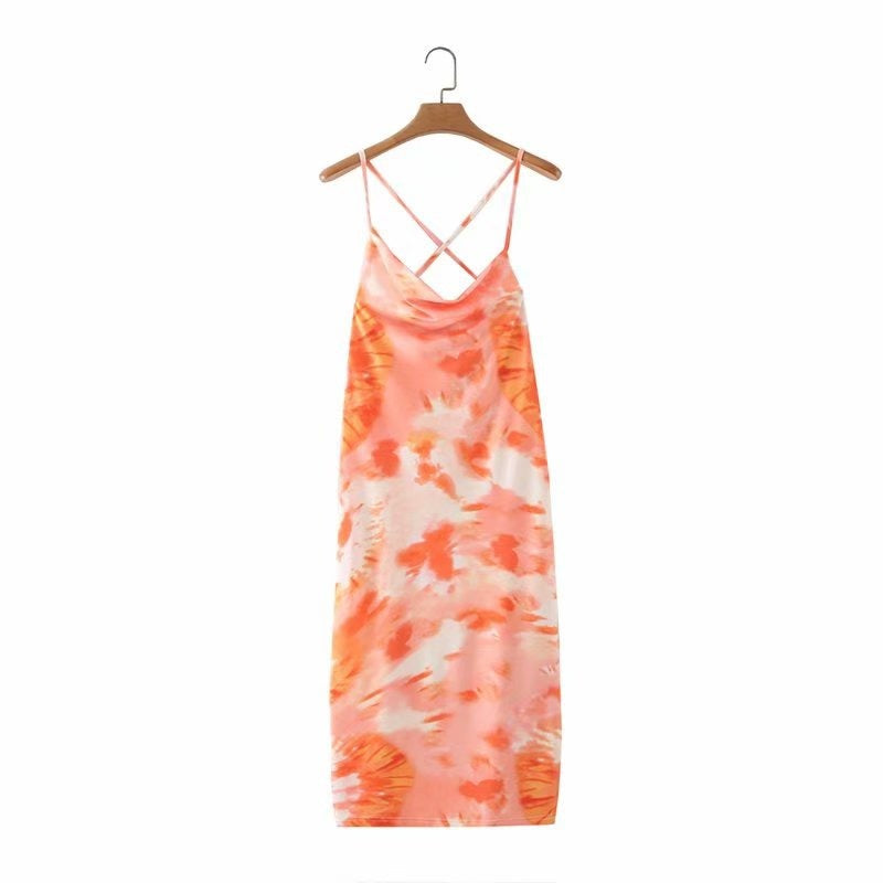 Plunge Neck Tie-Dye Print Strap Backless Lace-Up Mid-Length Resort Dress Sexy Wholesale Dresses