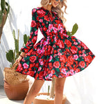 Summer Flower Print V-Neck Long-Sleeve Swing Dress Wholesale Dresses