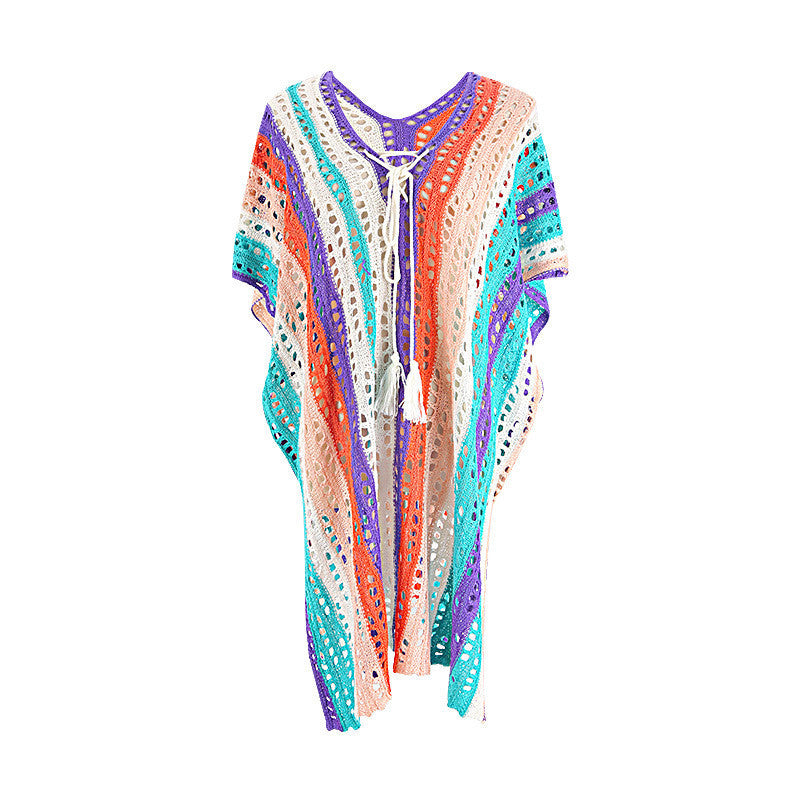 Colorful Striped Hollow Knitted Beachwear Cover Up Sunscreen Swimsuit Blouse Wholesale Blouse