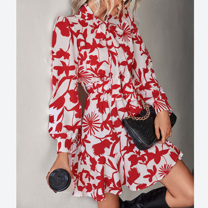 Printed Long Sleeve Elastic Waist Ruffle Dress Wholesale Dresses