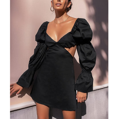 Sexy Puff Sleeve Irregular Hollow Slim Mini Dress Wholesale Dresses