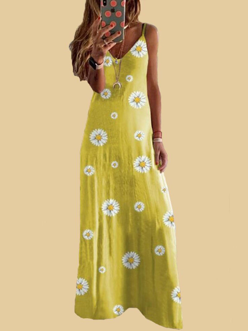 Daisy Print Spaghetti Strap Sleeveless Wholesale Maxi Dresses for Summer