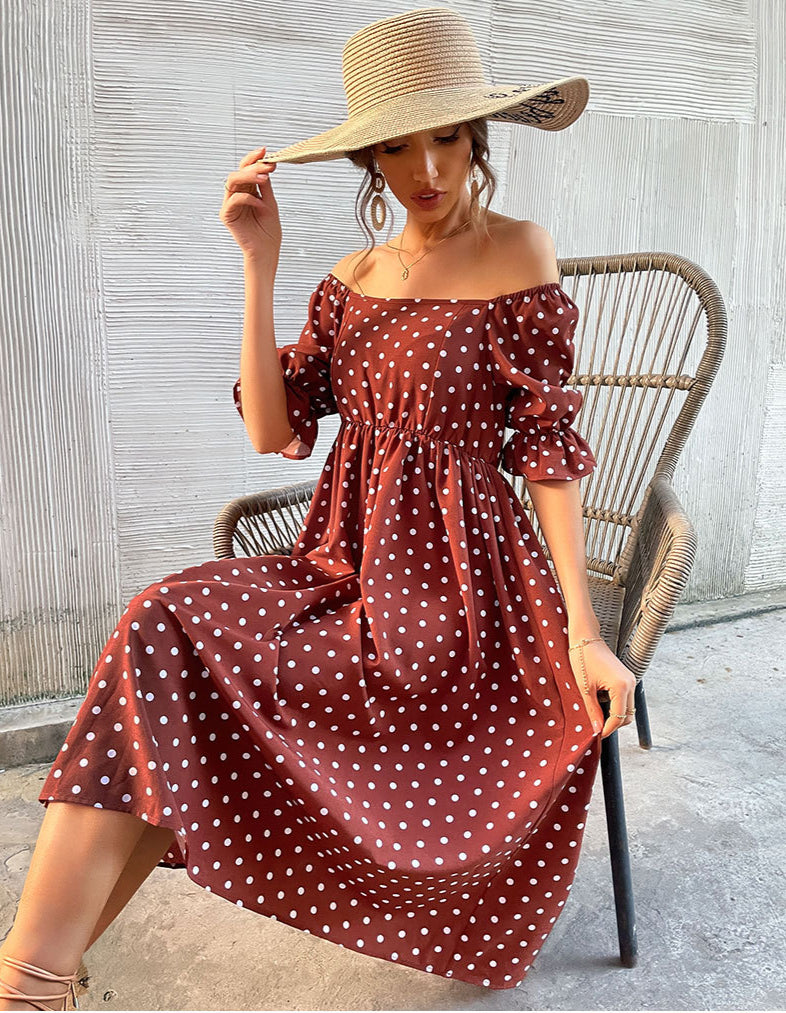 Polka Dot Print Puff Sleeve Square Neck Wholesale Swing Dresses Summer