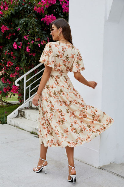 Tie-Up Elegant Floral Print Smocked Dress Wholesale Dresses