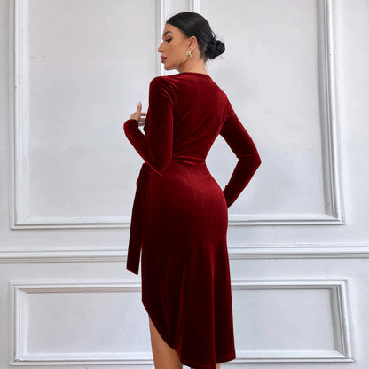 Sexy Long Sleeve V-Neck Package Hip Midi Velvet Dress Wholesale Dresses