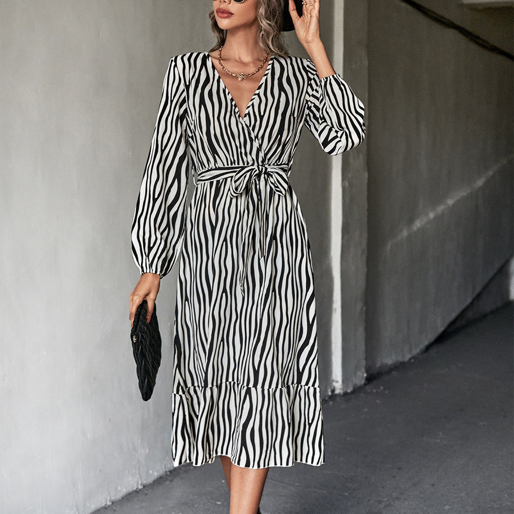 Irregular Stripe Print Tie-Up Long Sleeve A-Line Dress Wholesale Dresses