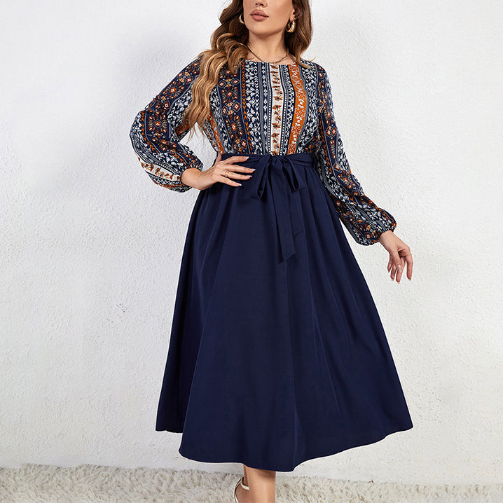 Printed Long Sleeve Waist-Slimming Ethnic Style Lace-Up Curvy Dresses Wholesale Plus Size Clothing N5323021500040