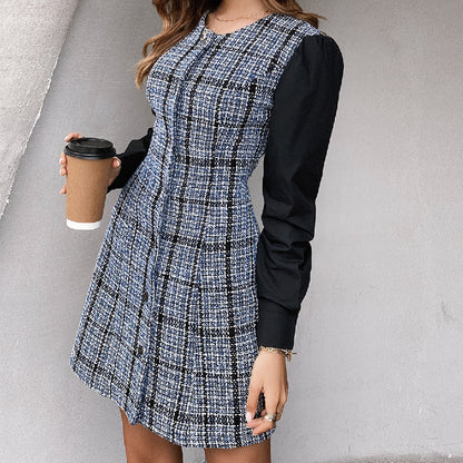 Single Button  Slim Patchwork Tweed Mini Dress