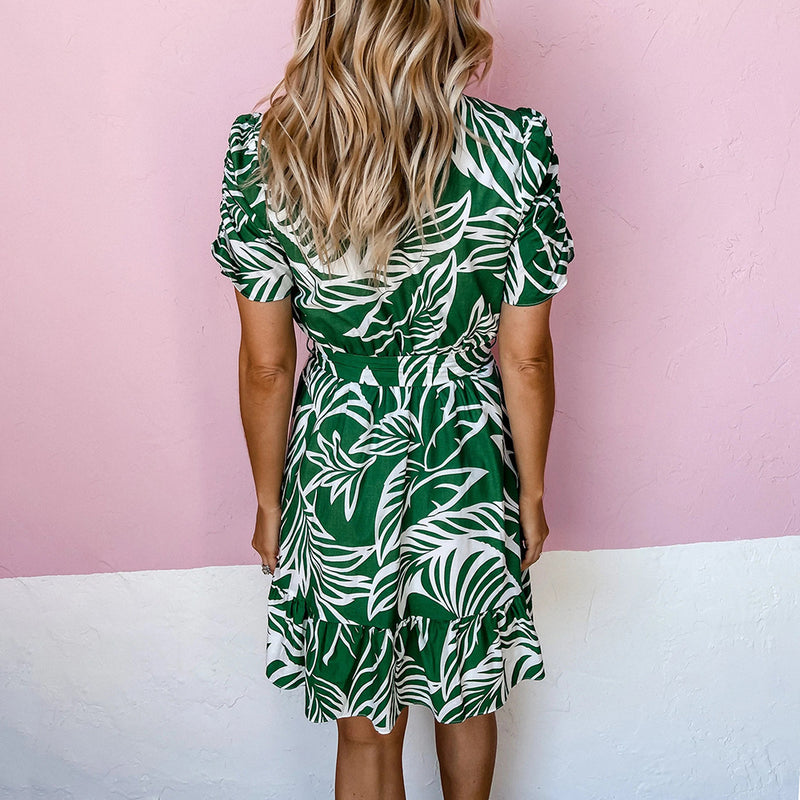 Fashion Print Lotus Leaf Collar Dress Short Sleeve Lace-Up Casual Stitching Wholesale Dresses