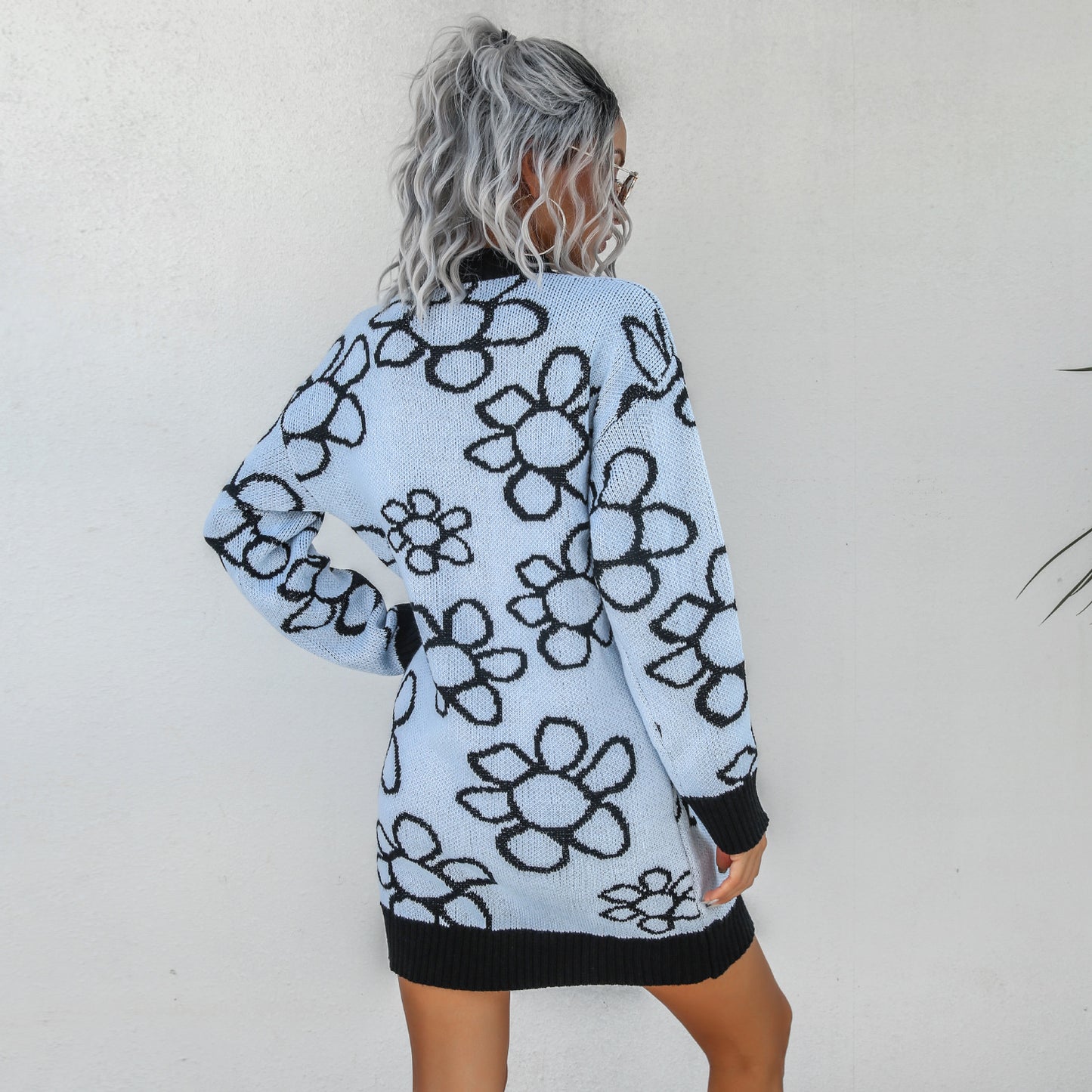 Flower Printing Sweater Knitted Dresses Women