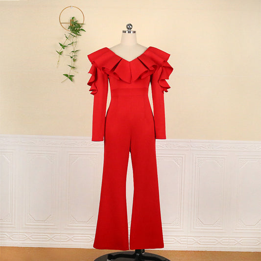 V-Neck Ruffled Long-Sleeved High-Waisted Wide-Leg Pants Wholesale Jumpsuits