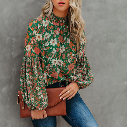 Loose Floral Printed Casual Wholesale Blouse Lantern Sleeves