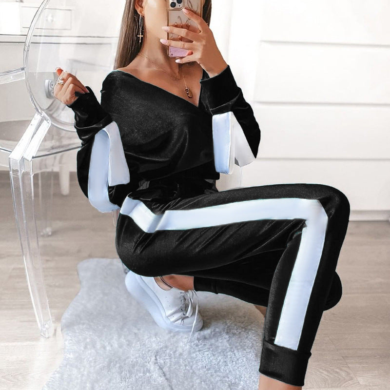 Women Wholesale Two-Piece V-Neck Velvet Top And Trousers Suit