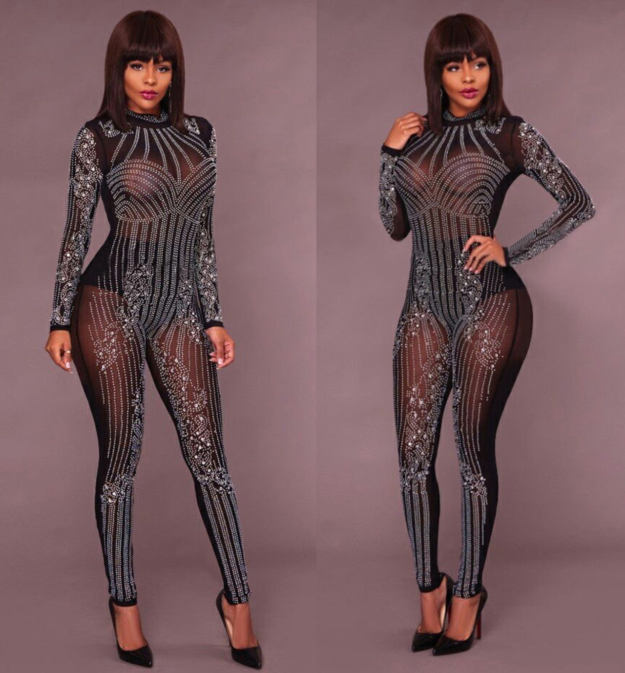 Mesh Hot Drilling Long Sleeve Women Jumpsuit