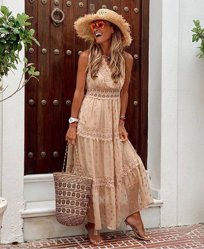 Polka Dot Print V-Neck Lace Stiching Chiffon Slip Swing Dress Sexy Sundresses Trendy Wholesale Maxi Dresses