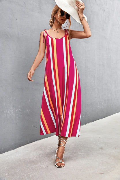 Low Cut Contrast Striped Print Sexy Backless Beach Sling A-Line Dress Holiday Wholesale Dresses