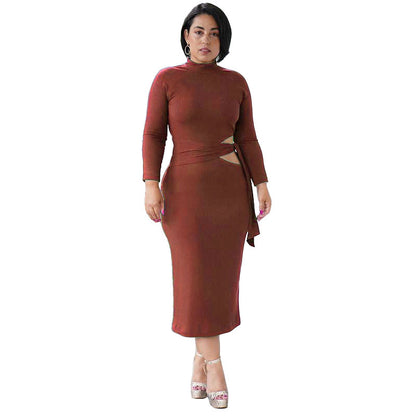 Solid Color Long Sleeve High Waist Hollow Tight-Fitting Mid-Length Dress