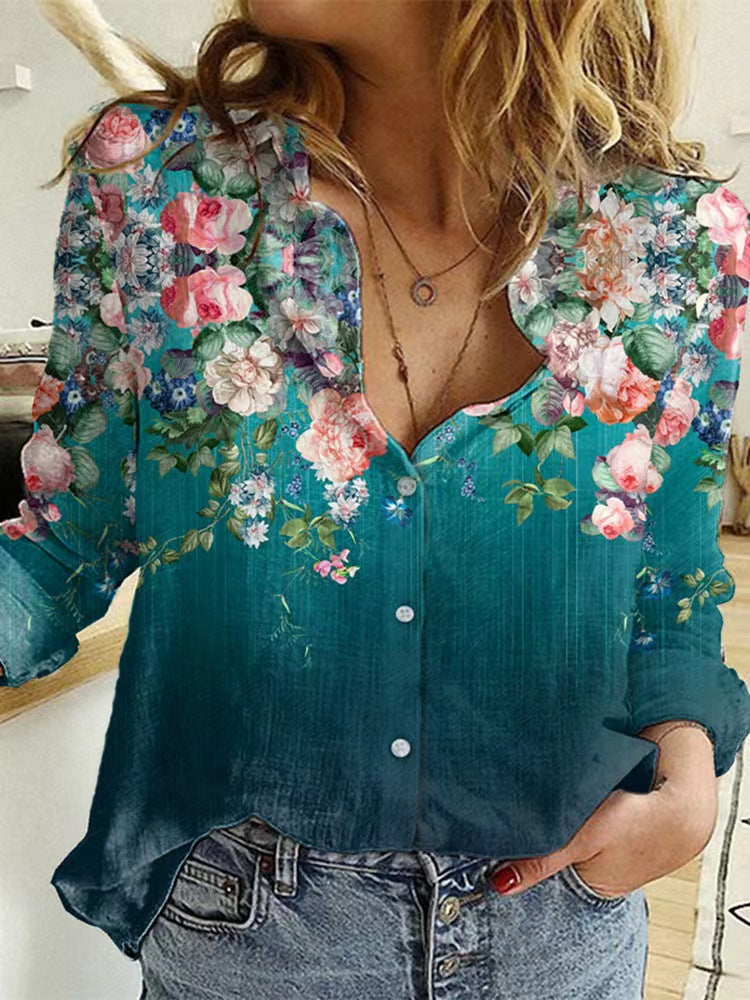 Floral Print Turn Down Collar Long Sleeve Wholesale Shirts