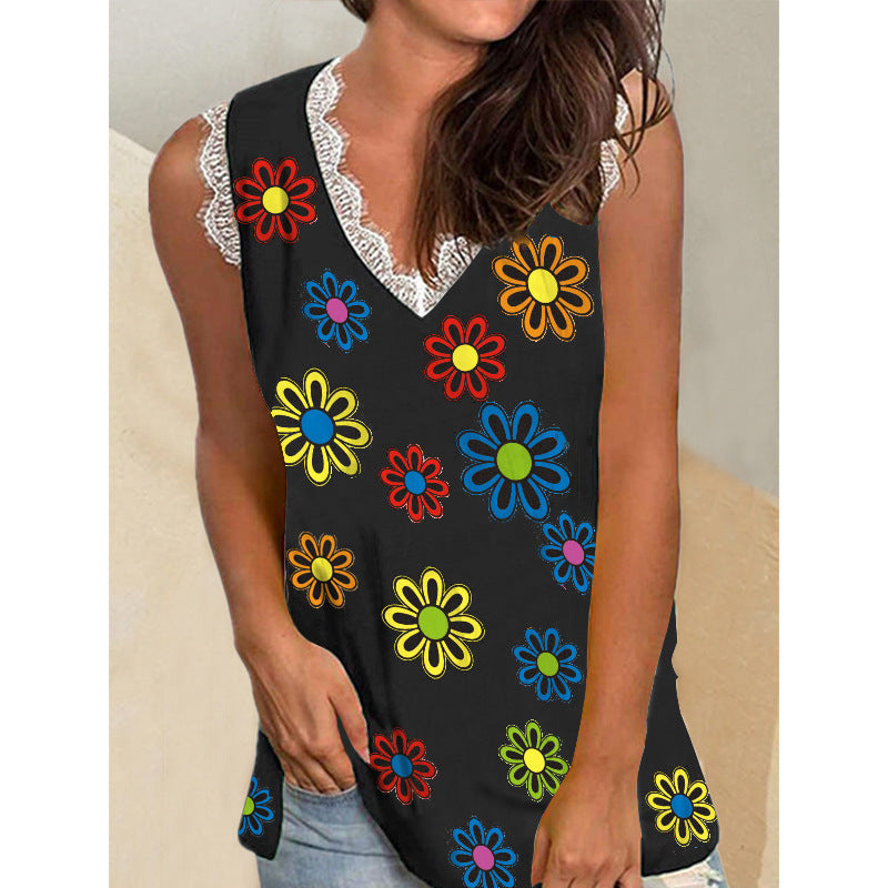 Fashion Print Lace Sleeveless Shirt Sexy V-Neck Summer Tank Tops Wholesale