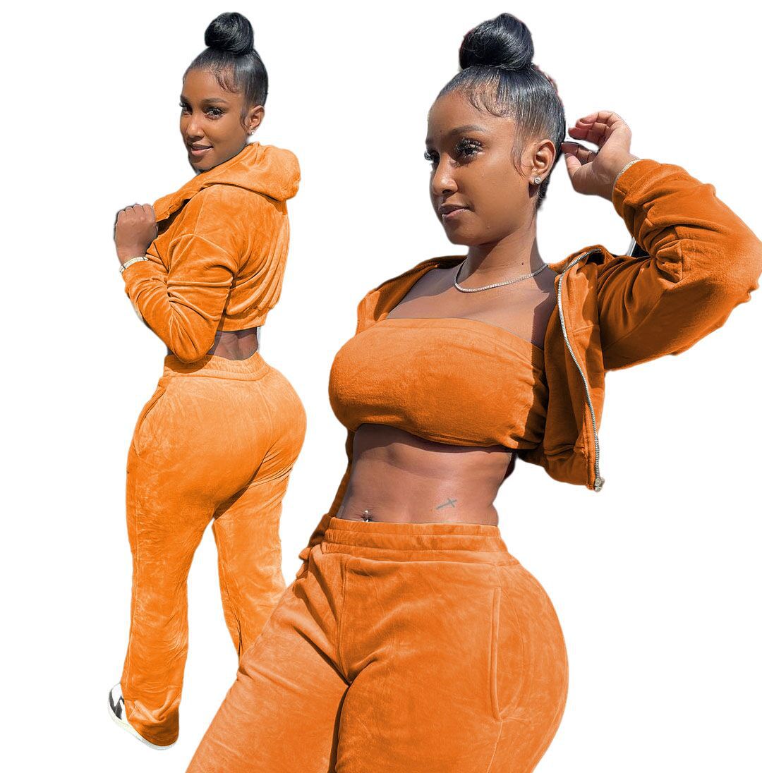 3pcs Women Wholesale Sets Short Hoodies Crop Top Pants